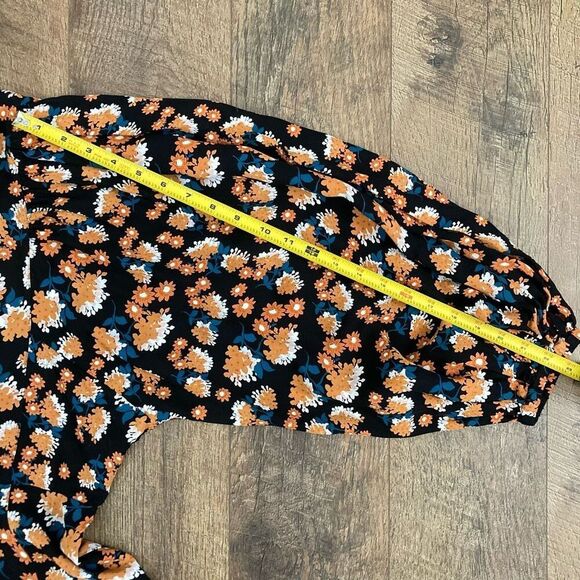 byTiMo Poppyfield Black Orange Floral Mini‎ Dress Puff Long Sleeve V-neck sz M - Picture 5 of 8